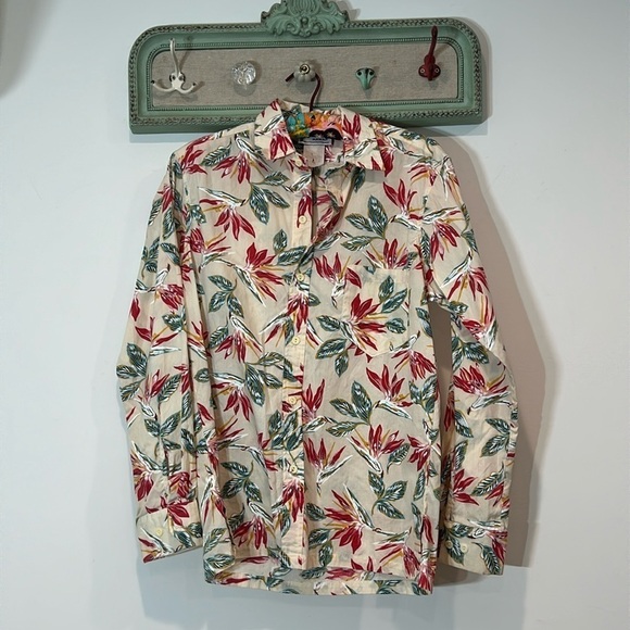 Vintage Malihini Hawaii long sleeve button down shirt cream tropical bloom small - Picture 1 of 6